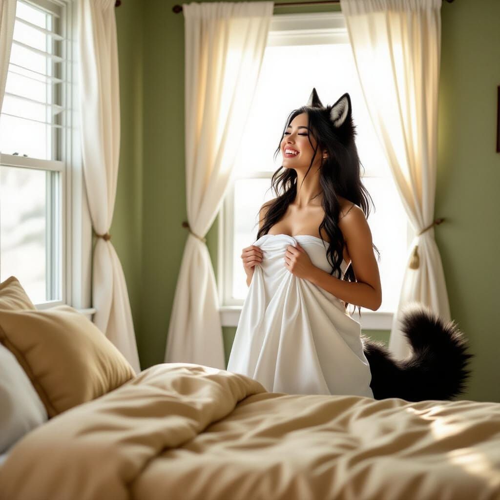 Athletic Woman with Wolf Features in Sunlit Bedroom