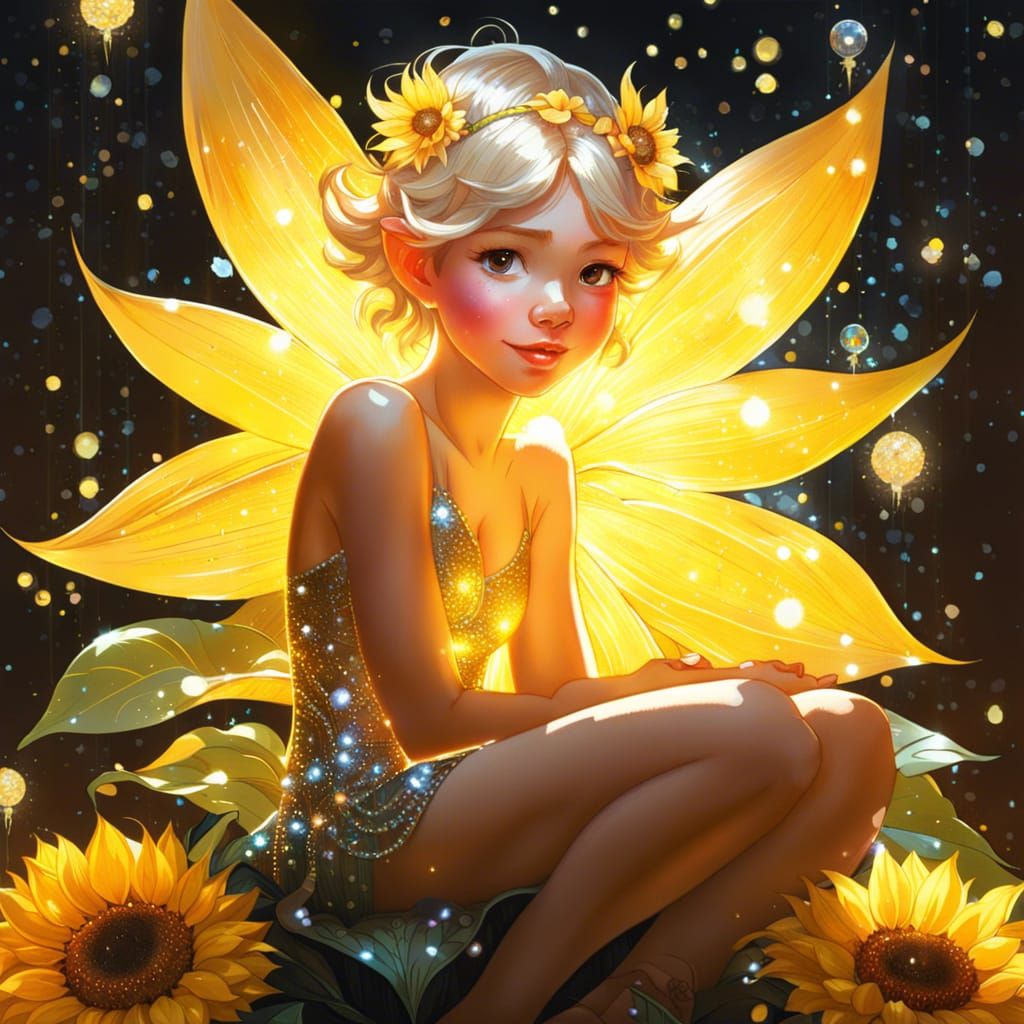 Fairy on Sparkling Sunflower, Digital Art