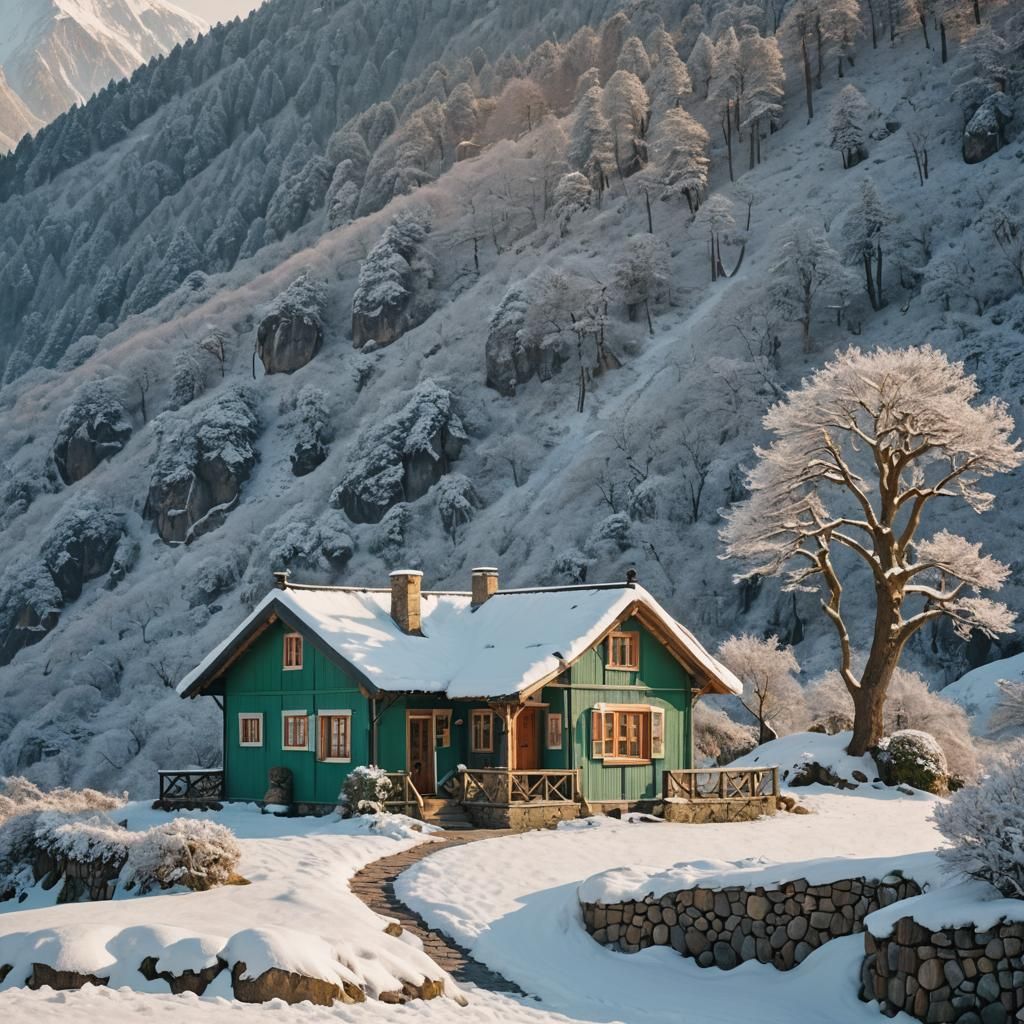 Charming Mountain House at Sunset: 8K Art