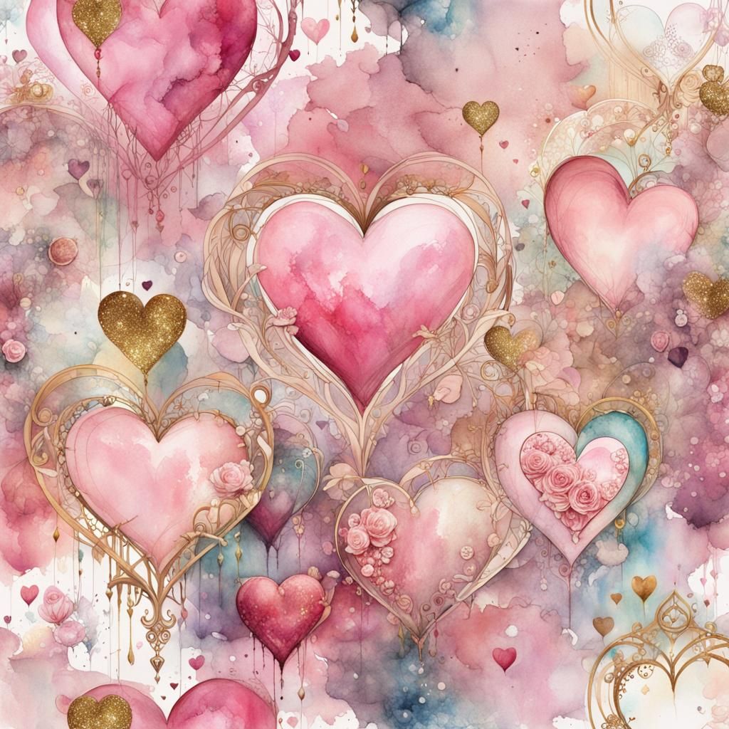 Vintage Pink Hearts in Watercolour Style