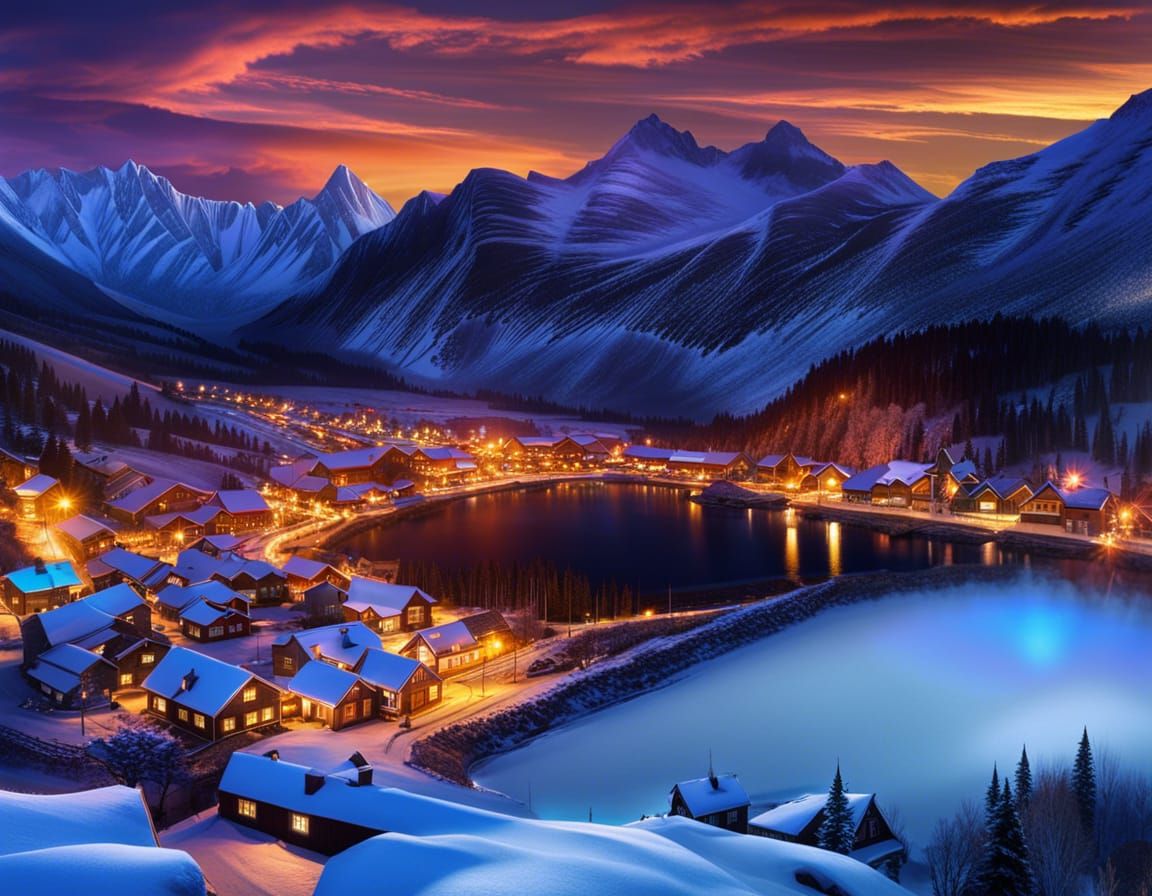 Nighttime Mountain Town Landscape with Aurora
