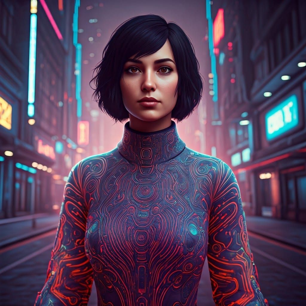 Cyberpunk Goddess Reigns Over Neon Metropolis