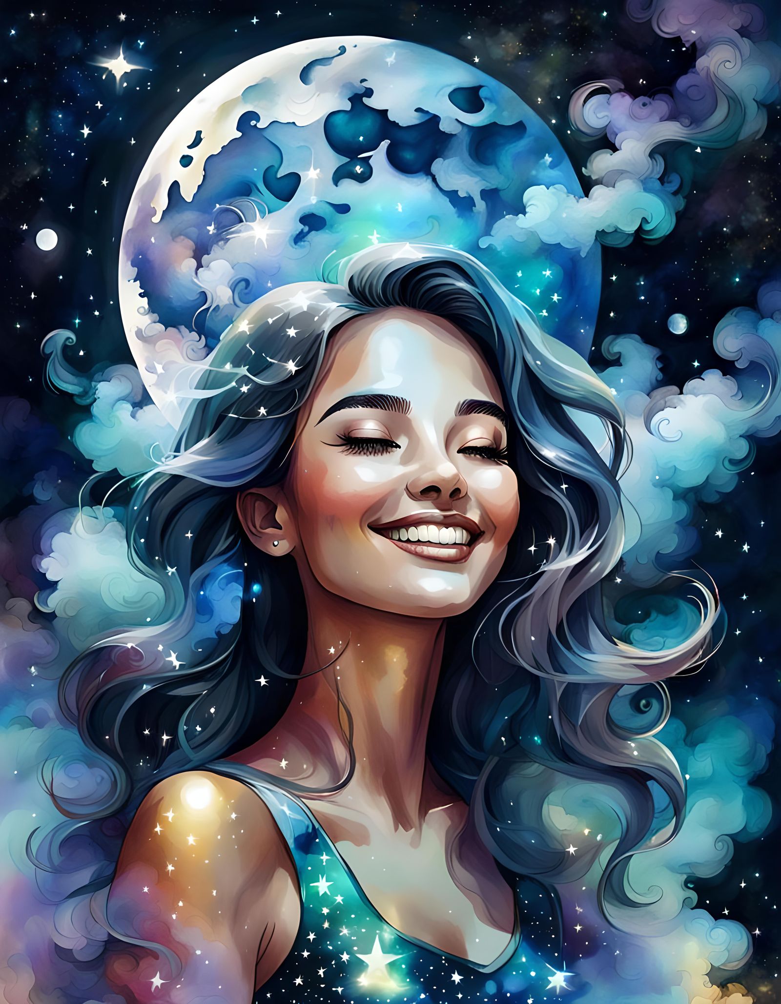 Smoke Girl Portrait in Fantasy Watercolor Style