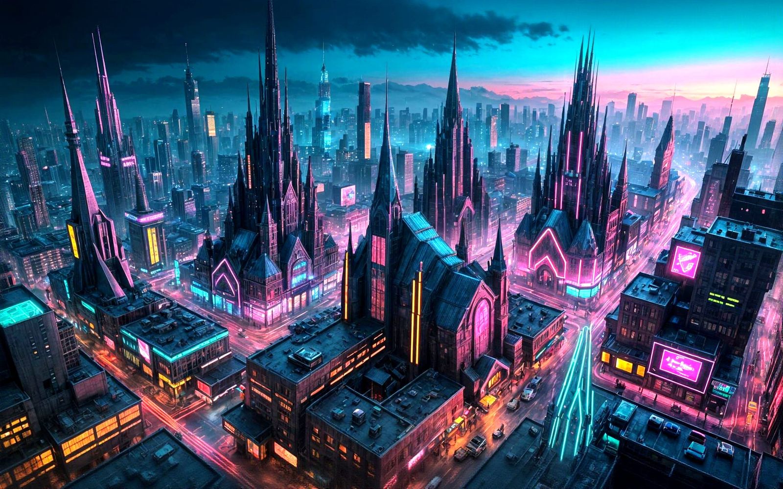 Neon Boulevard at Blue Hour: Futuristic Cityscape