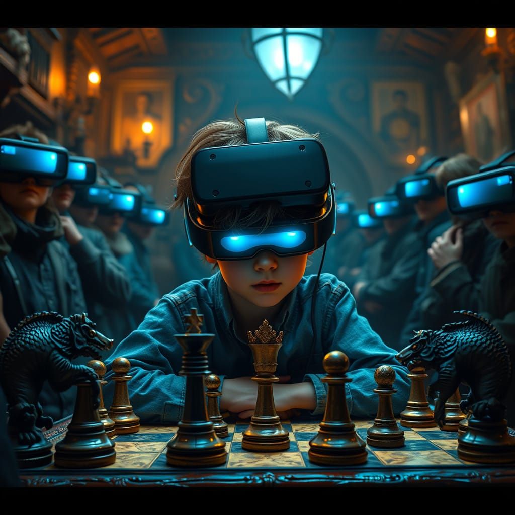 Boy Plays Chess with VR Goggles in Mystical Game Room