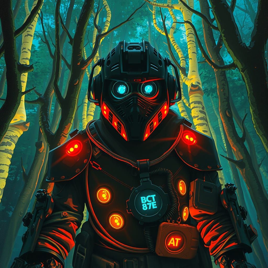 Cybernetic Warrior in Primitivist HDR Landscape