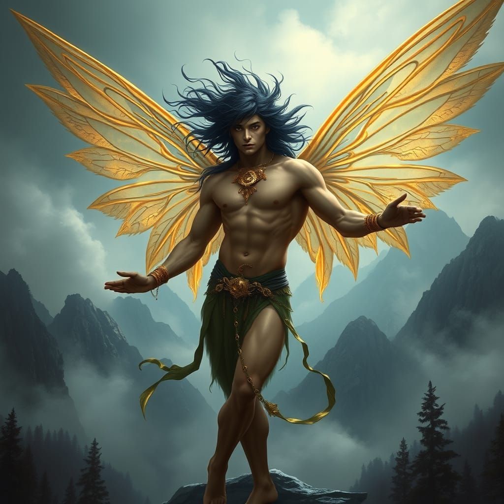Regal Male Fairy in Mystical Mountain Range