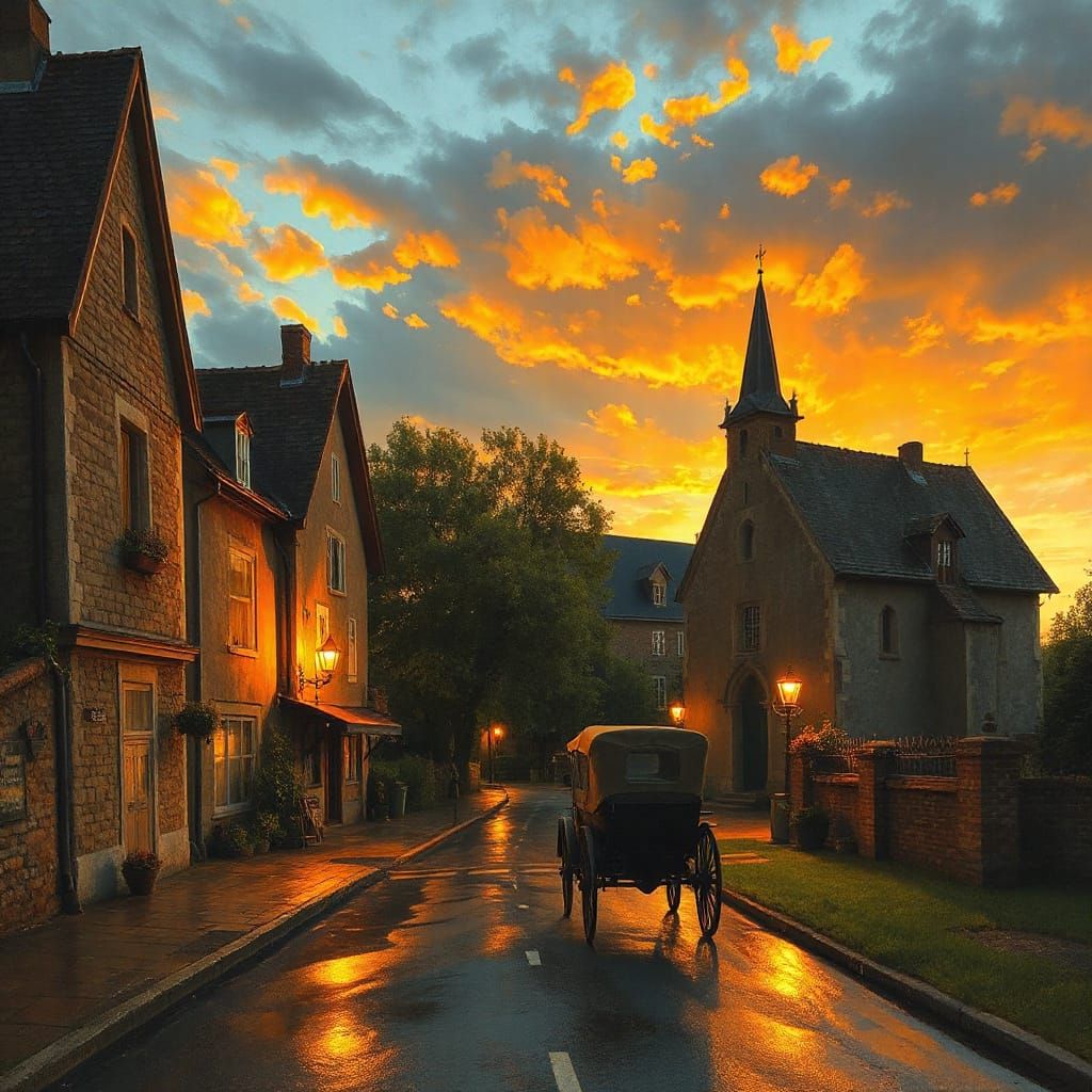 European Village Sunset: An Impressionistic Painting