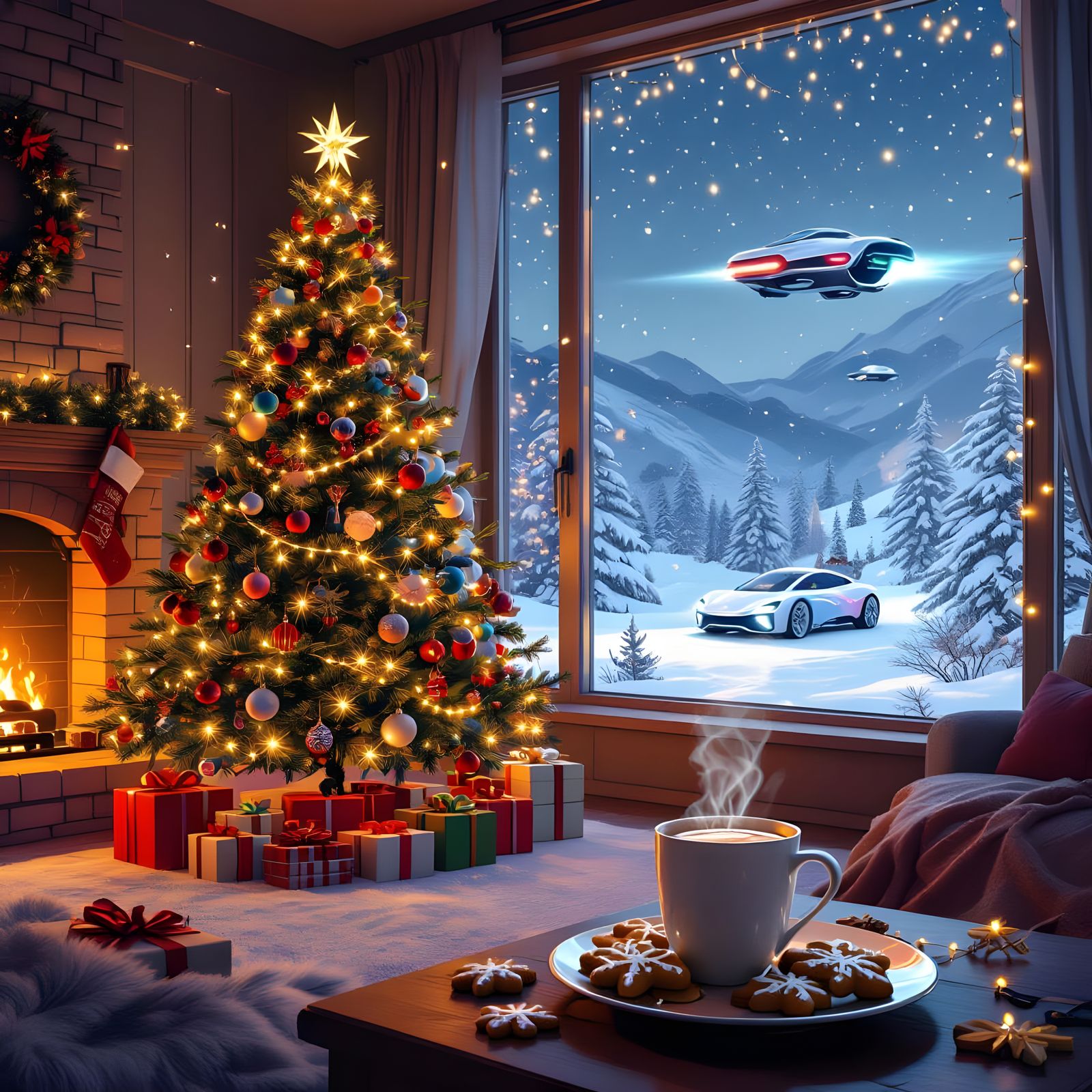 Futuristic Christmas Living Room in 2060 with Flying Cars