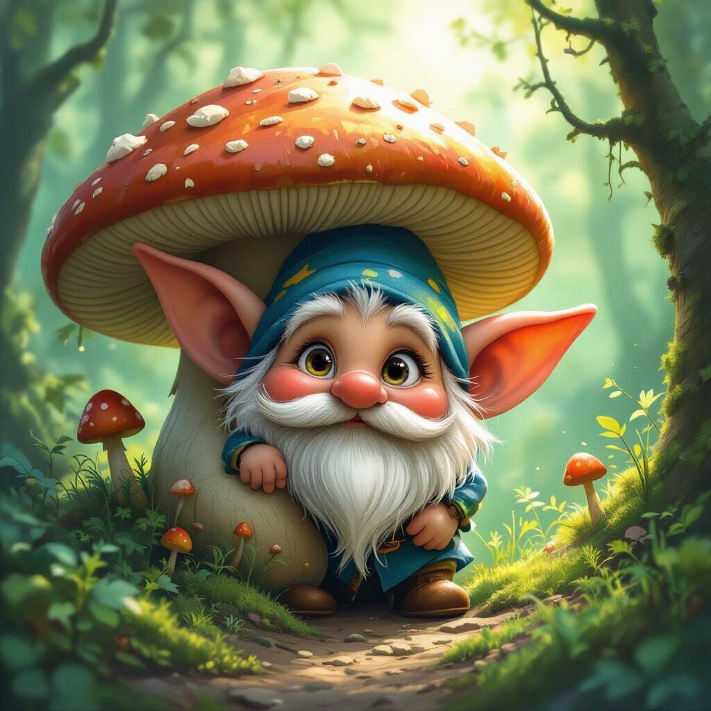 Mischievous Labubu Gnome Peeks from Enchanted Forest Mushroo...