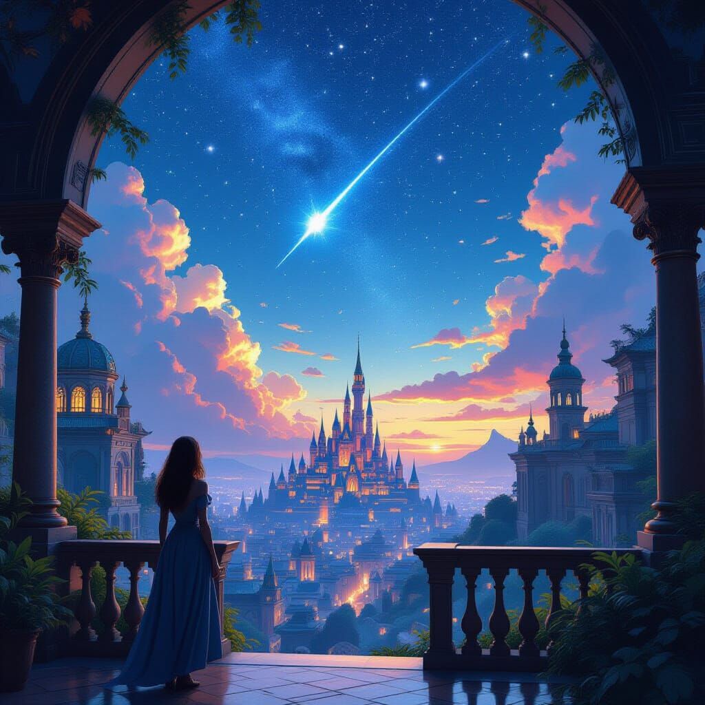 Fantastical Cityscape: Shooting Star in Matte Painting Style