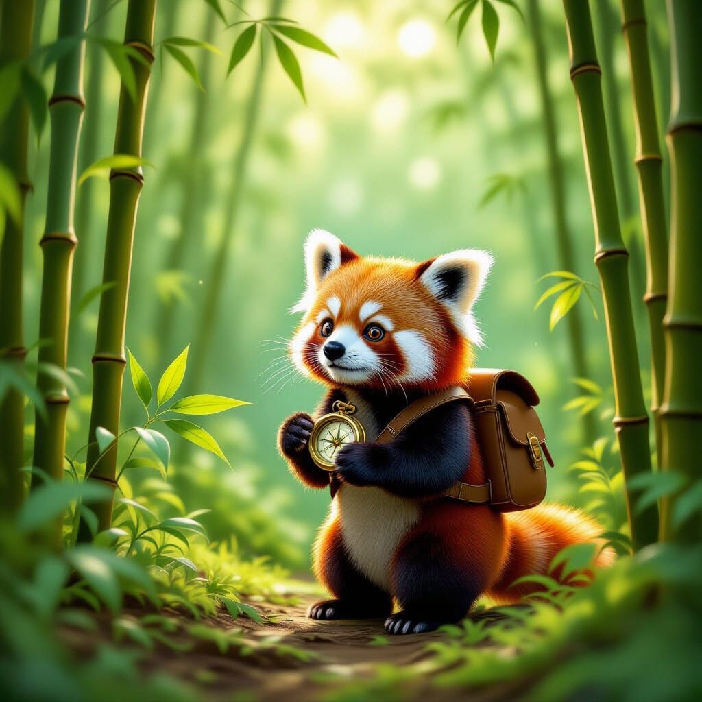 Whimsical Red Panda Explorer in Enchanted Bamboo Forest