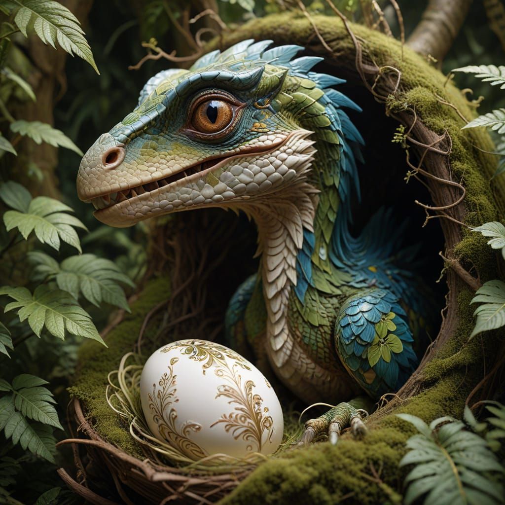 Hatching Velociraptor in Photorealistic Artgerm Style