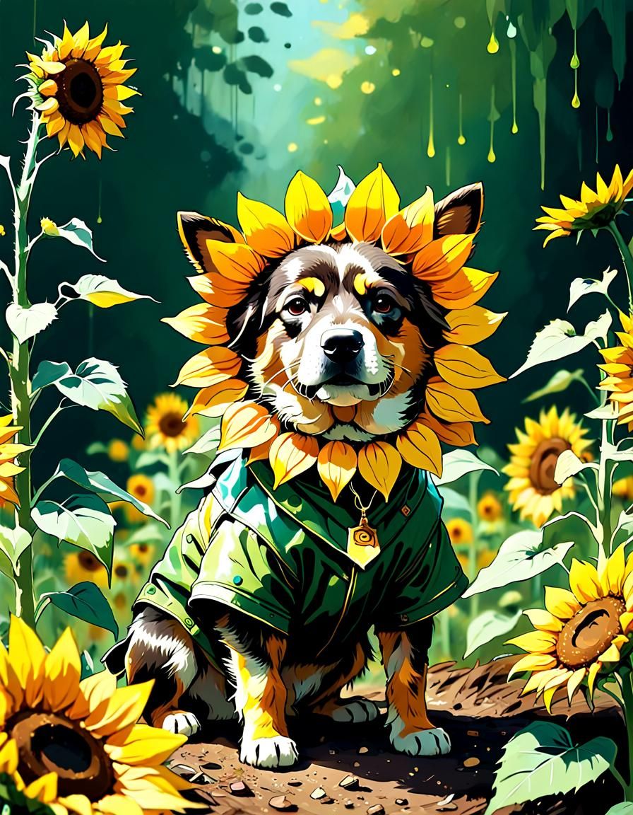 Bergle Dog in Sunflower Costume: Digital Art