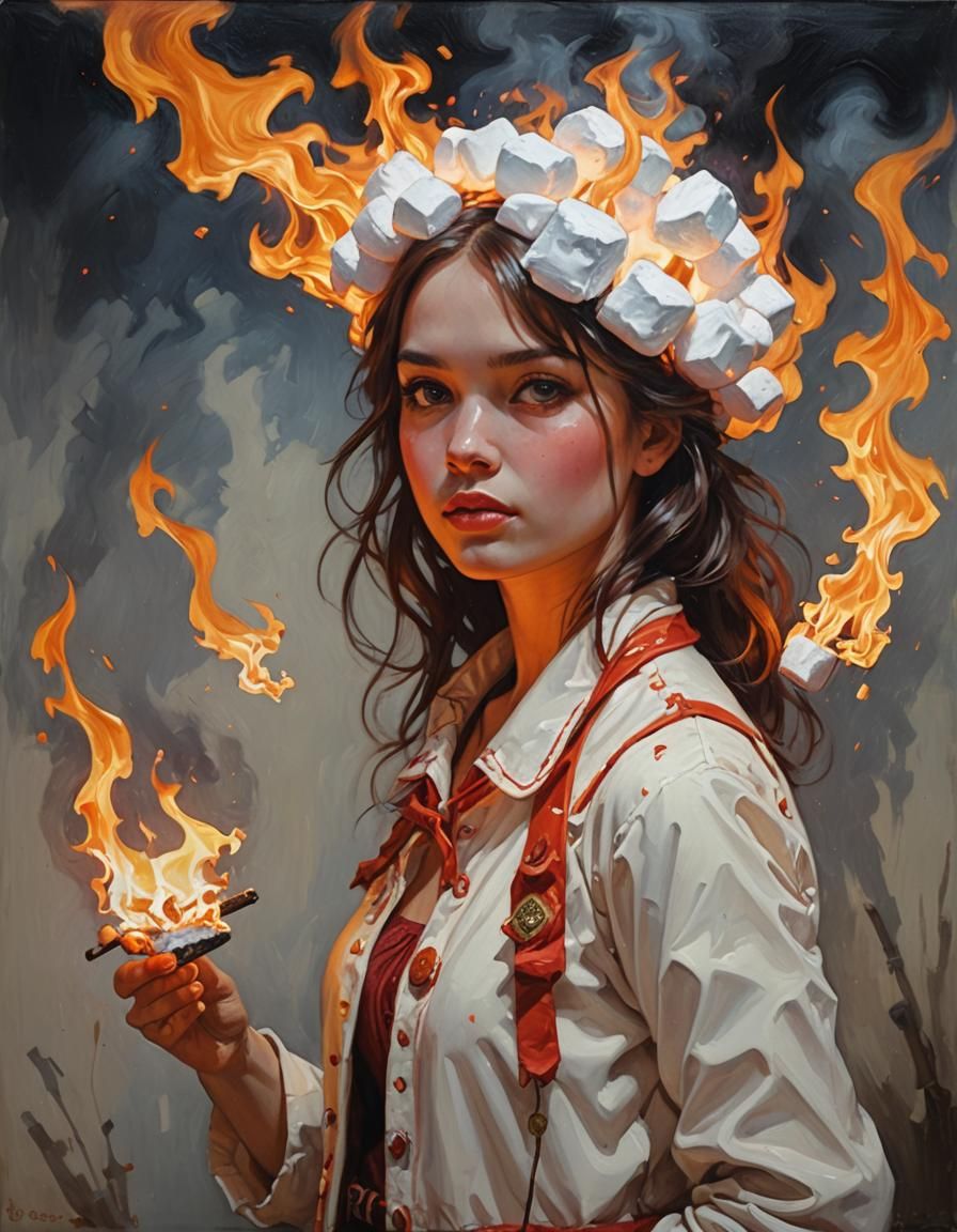 Marshmallow Candy Girl Ablaze: Oil Painting