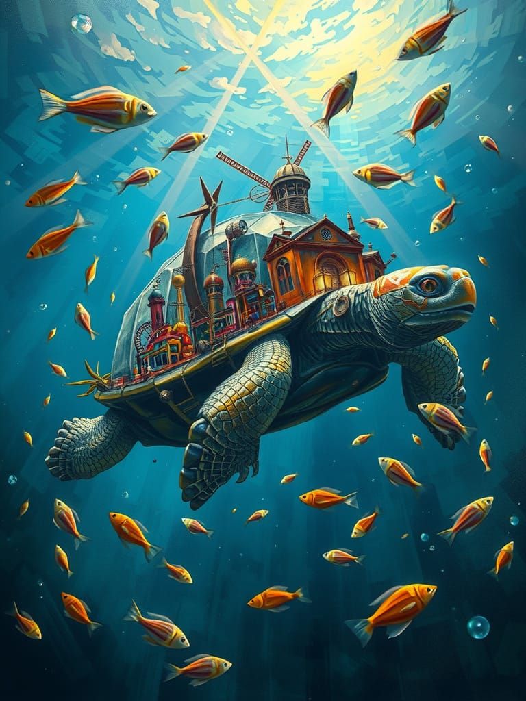 Steampunk City on Crystal Tortoise in Bioluminescent Sea