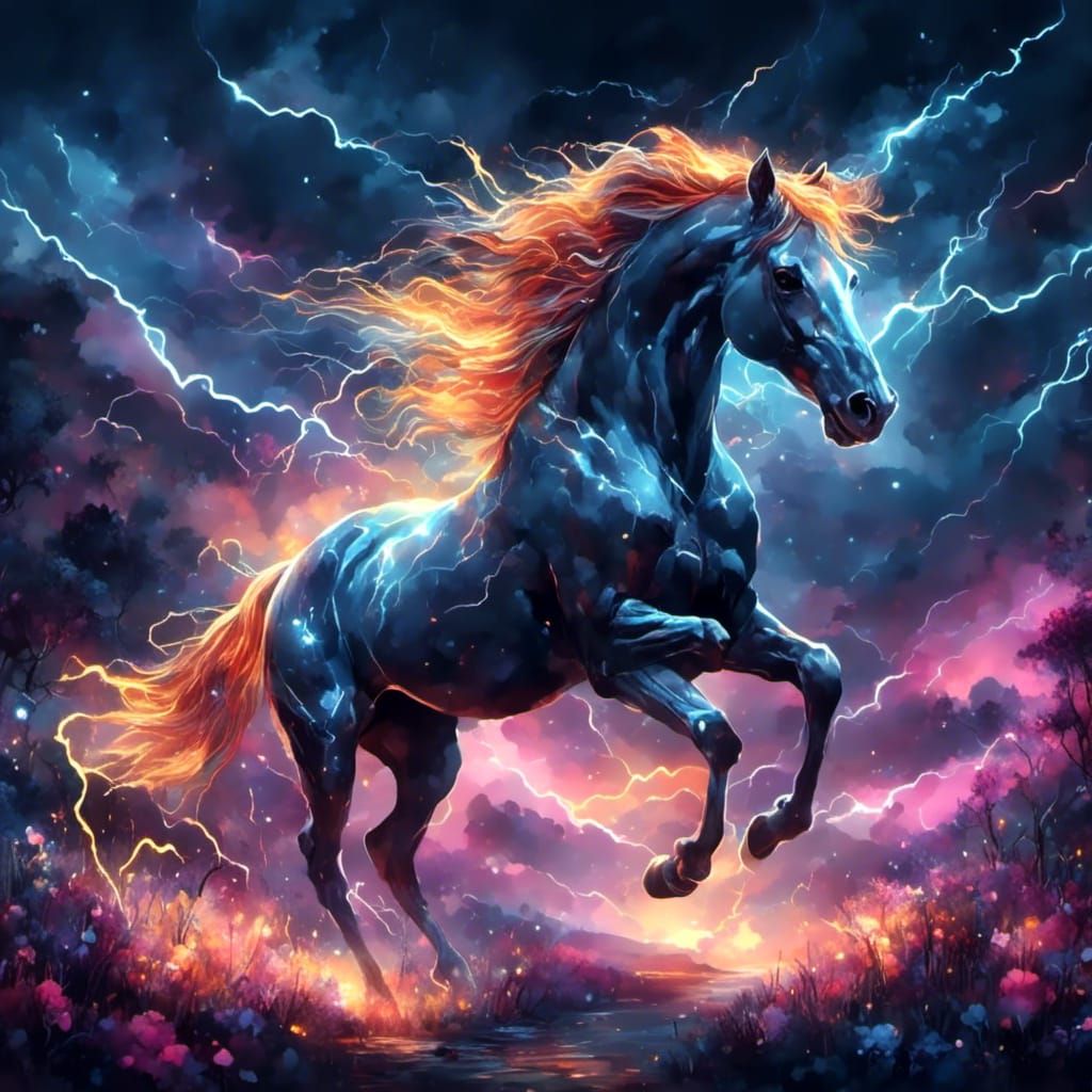 Horse Galloping Through Storm with Luminous Outline