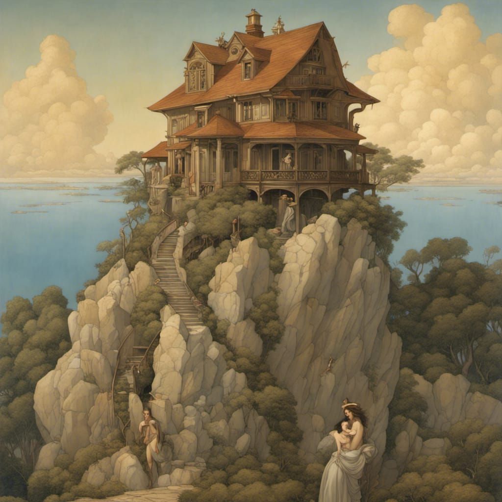Surreal Mountain House on Hilltop, Fantasy Art