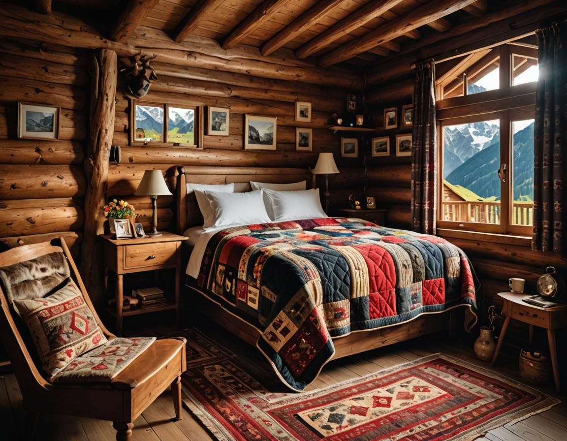 Cozy Alps Cabin Interior Quilted Blanket Art