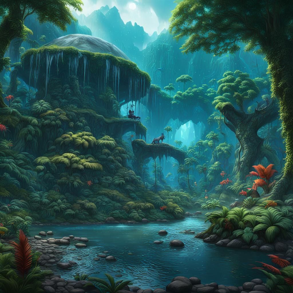 Lush Rainforest Waterways and Wildlife in Detailed Matte Pai...