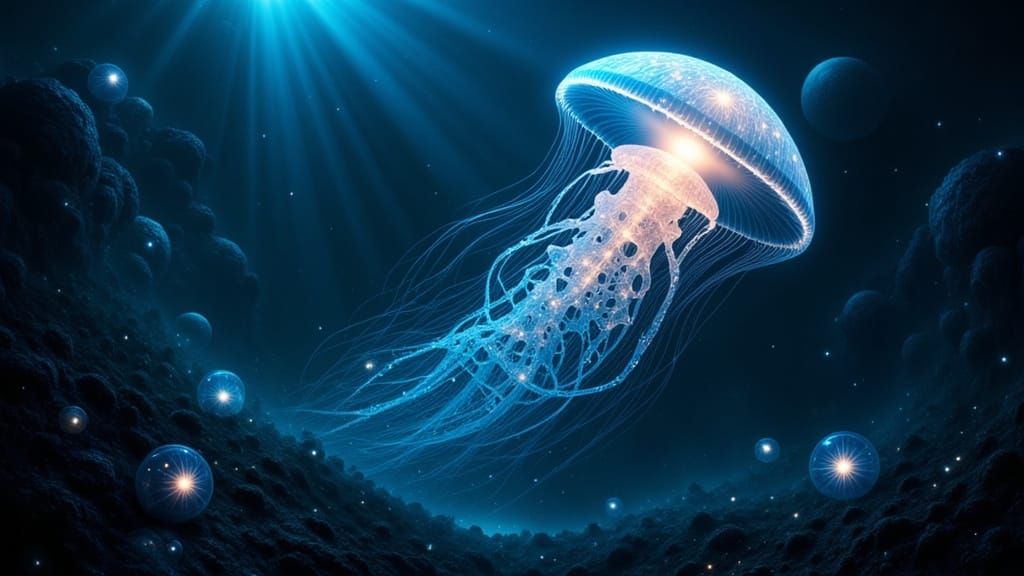 Bioluminescent Jellyfish in Gothic Biomechanical Depths