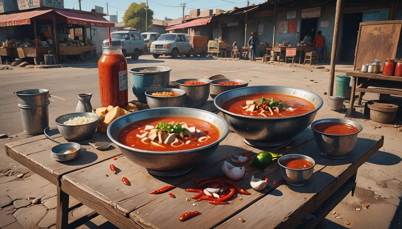 Chicken Soup at Roadside Stall in Neon Dystopian Style