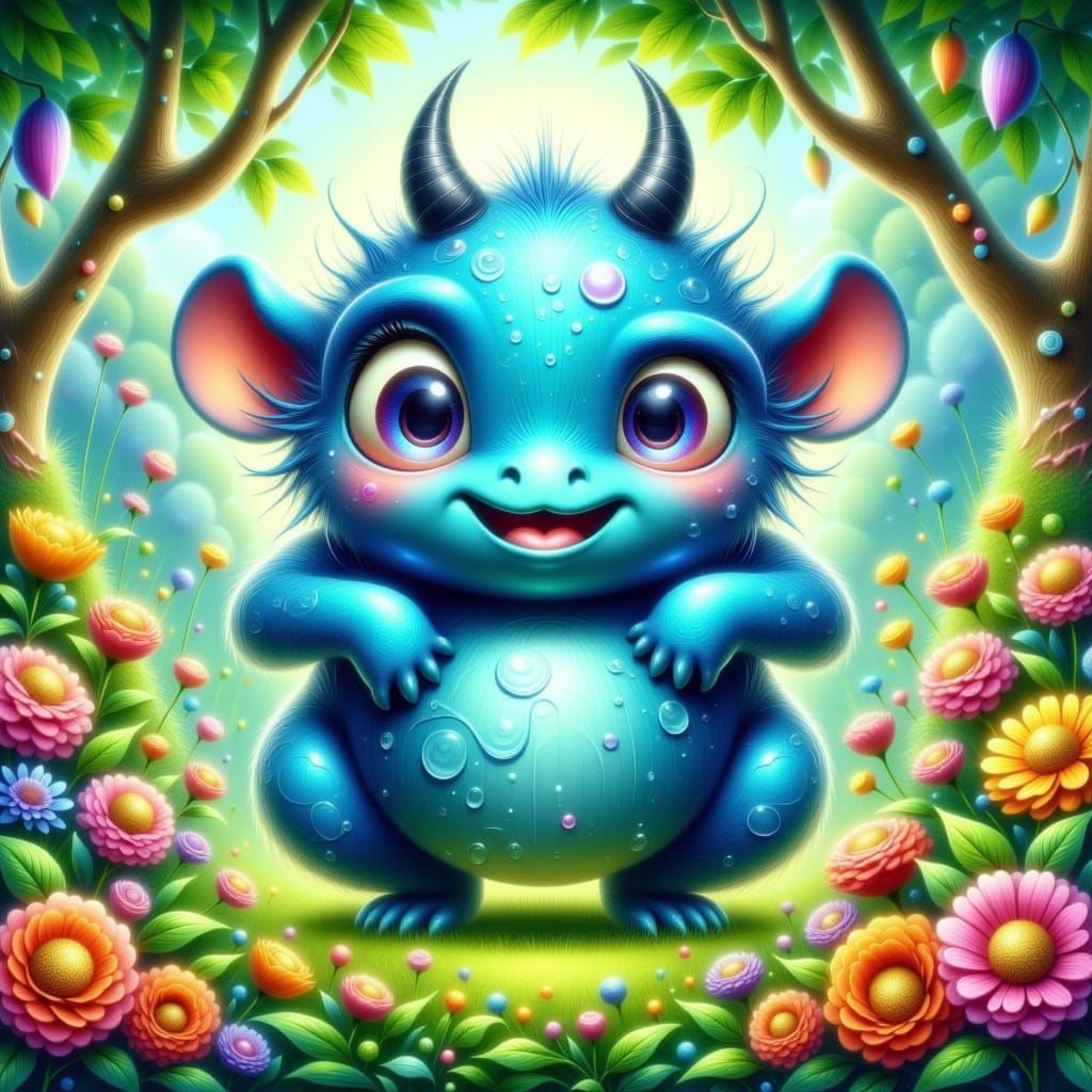 Whimsical Blue Monster in Lush Arcadian Landscape