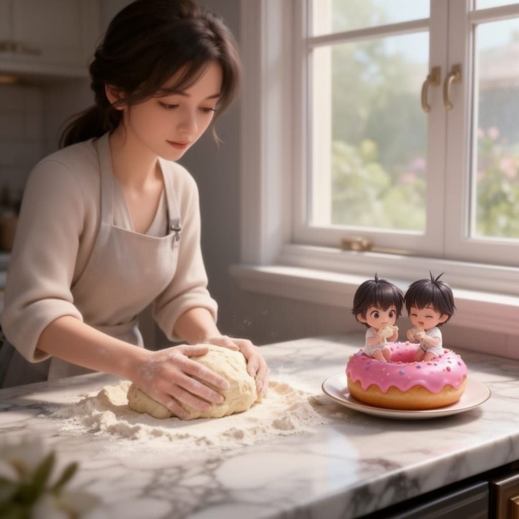 Anime Style Children Eat Donut While Mother Kneads Bread