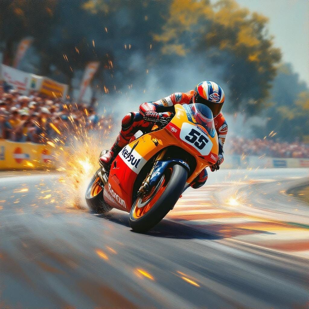 Motorcycle Racer Leaning into Corner, Vintage Motorsport Ill...