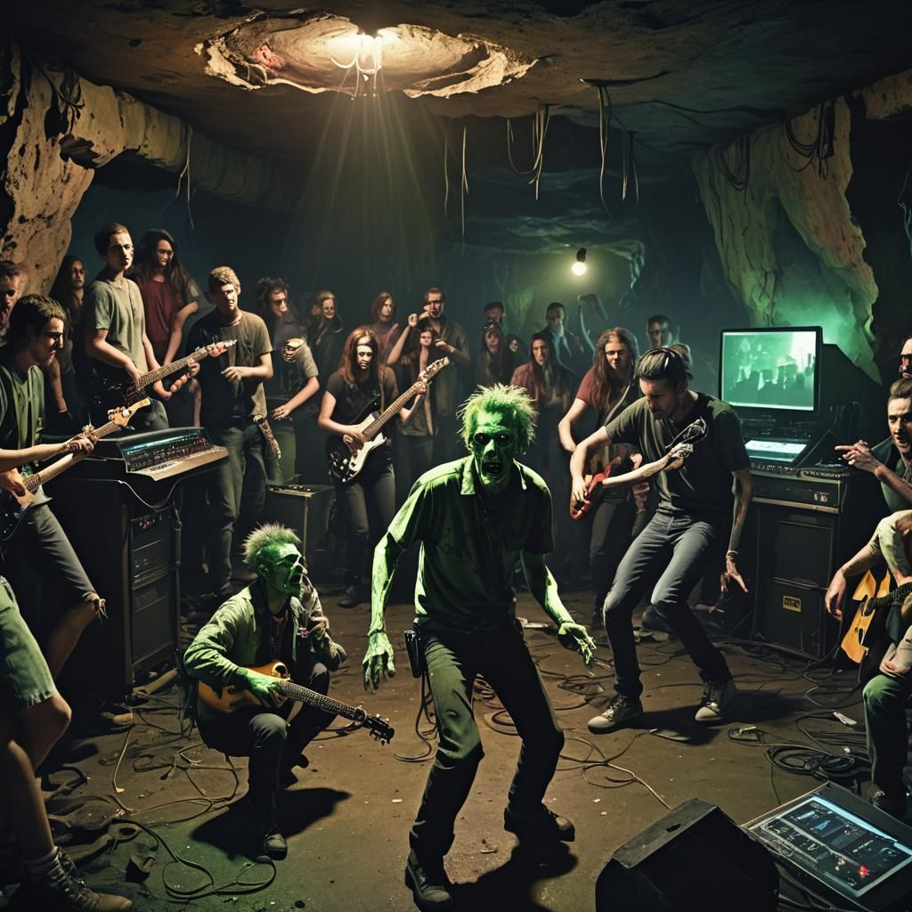 Halloween Zombie Punk Band in Cave, Hyperrealistic Art