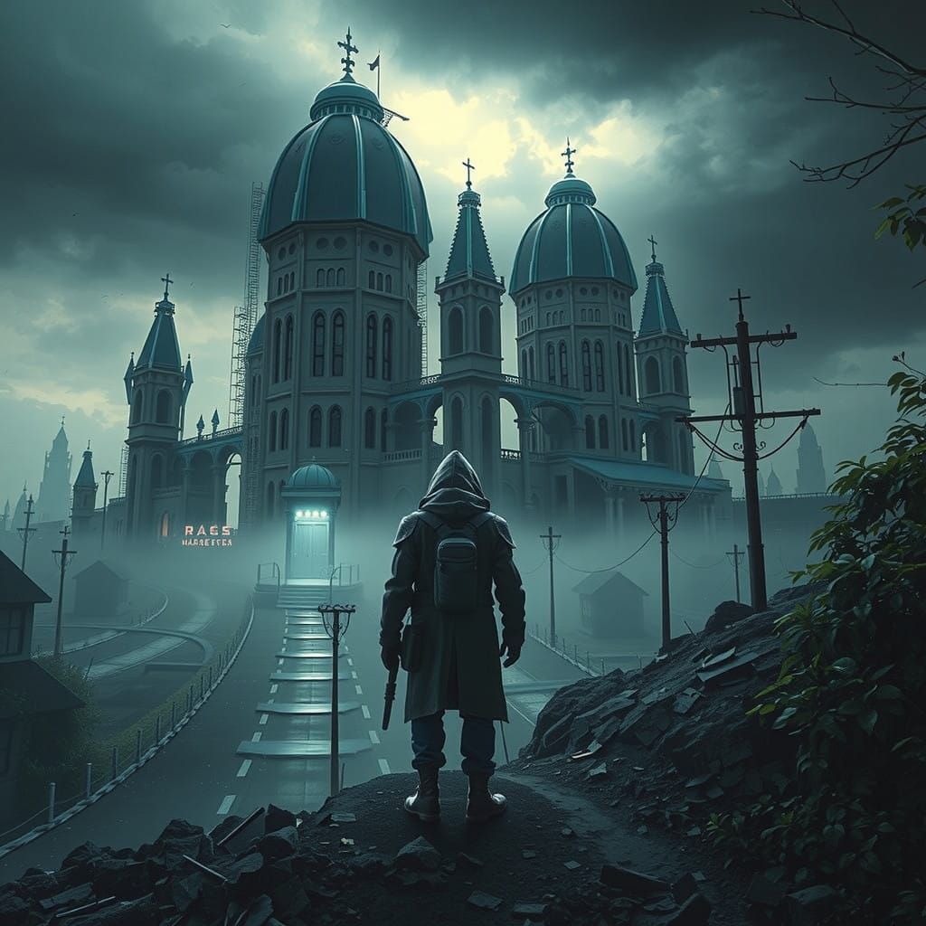 Abandoned City in Dark Mist with Spooky Neon Lights