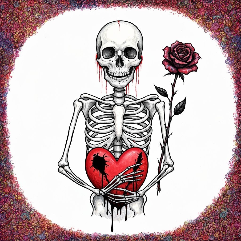 Lonely Skeleton Holds Heart and Rose in Gothic Horror Style