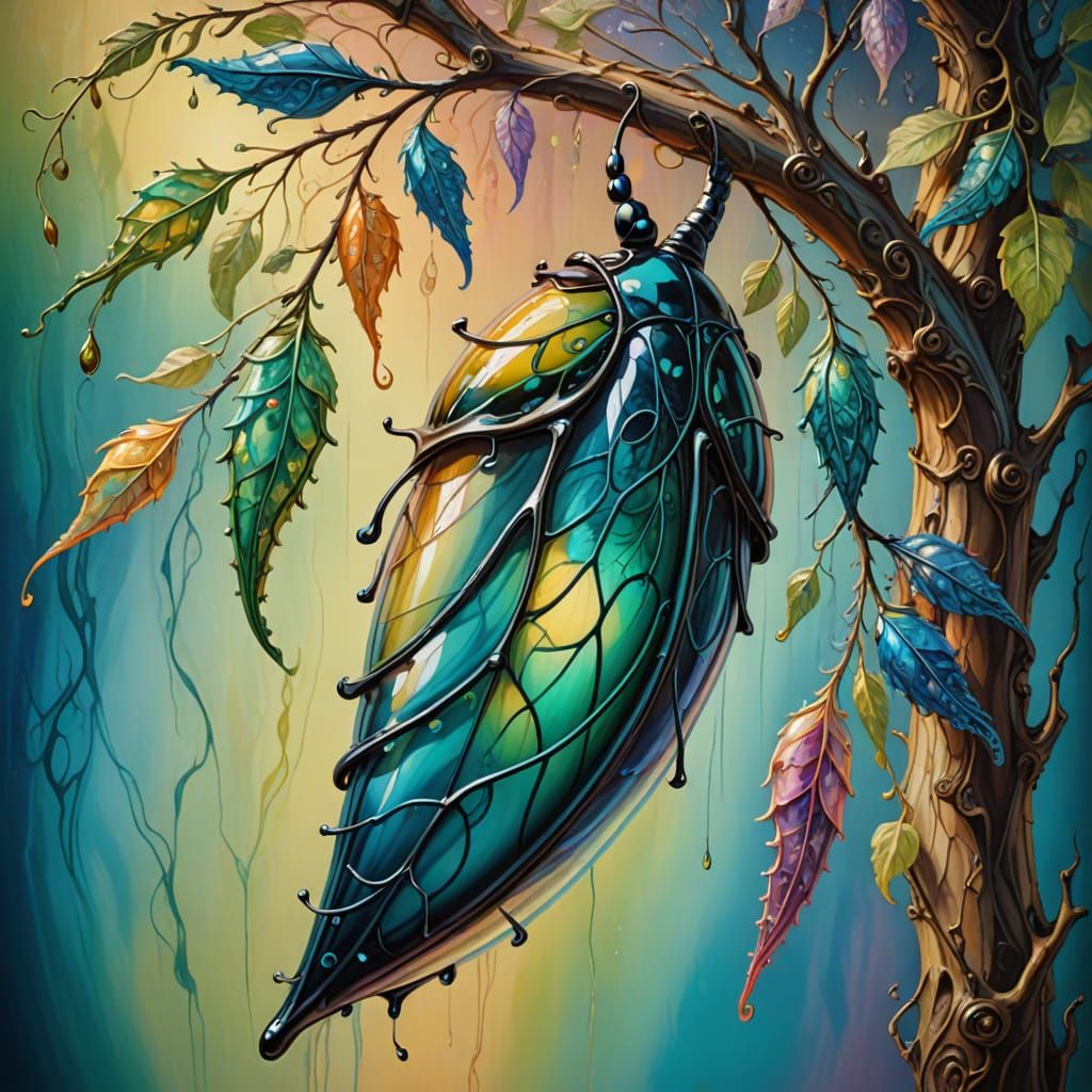 Metamorphosis: Vibrant Oil Painting of Unfolding Chrysalis