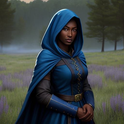 Ethereal Dark-Skinned Heroine in Mystical Blue Attire