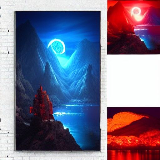 Glowing Sword in Blue Lake with Red Moon