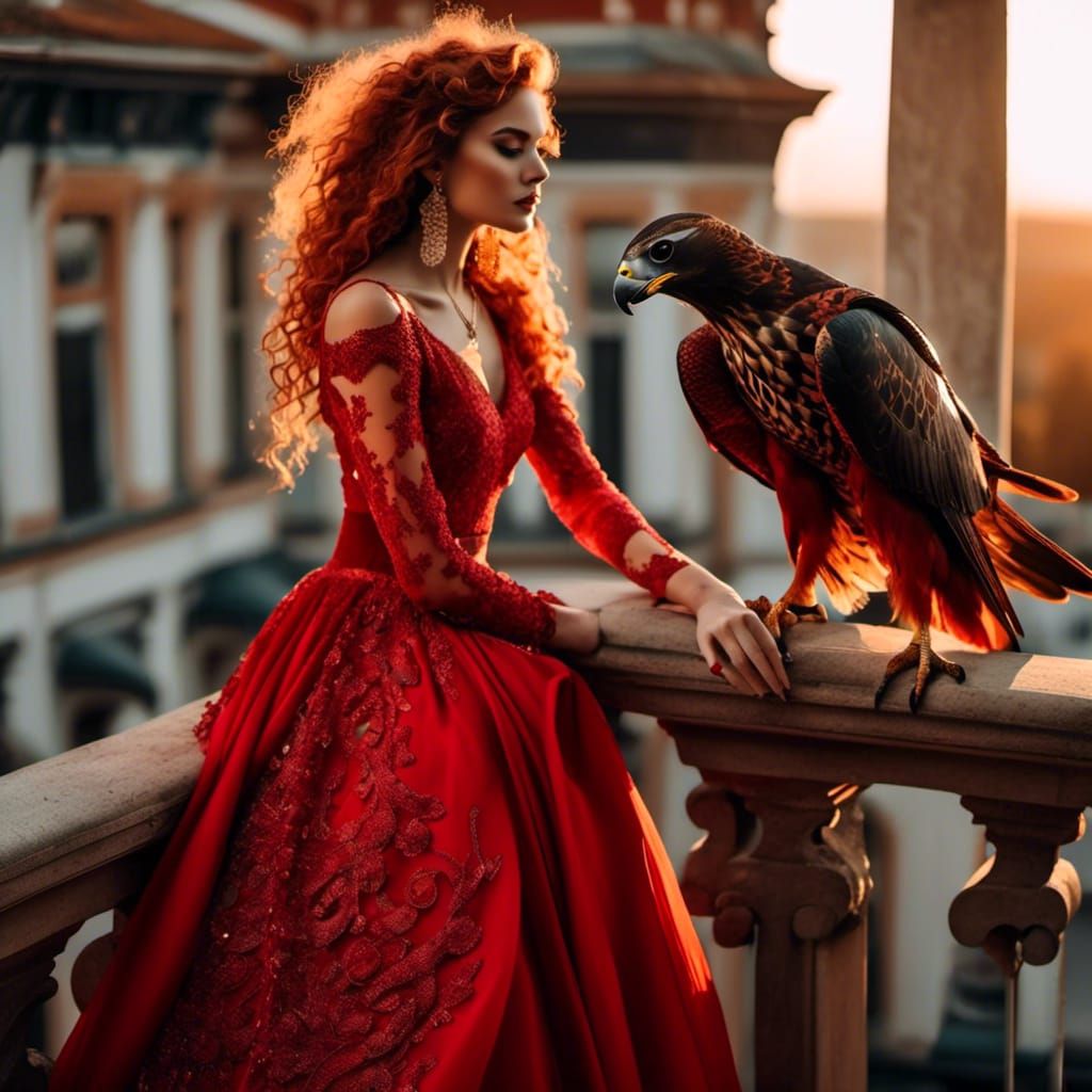 Girl with Falcon in Red Gown at Golden Hour