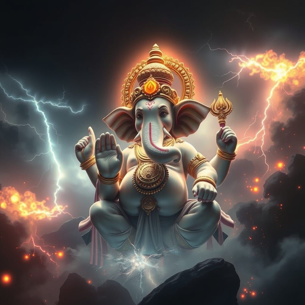 Ganesh in Divine Form with Lightning and Fire