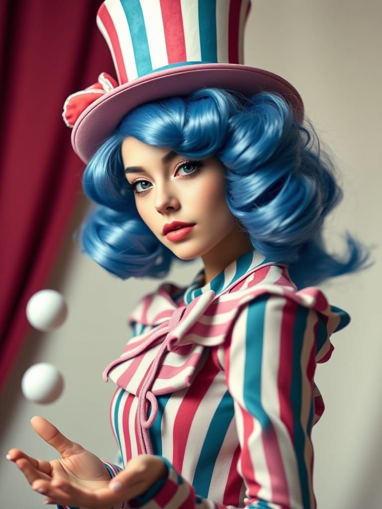 Whimsical Circus Juggler with Cloud Hair in Soft Light