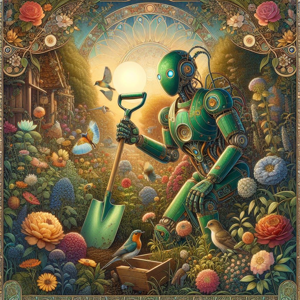 Android Gardener in Art Nouveau Garden at Golden Hour