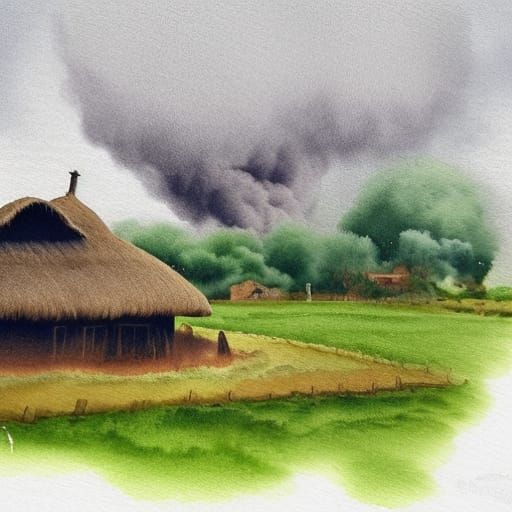 Thatched House near Tomato Field in Watercolor Style