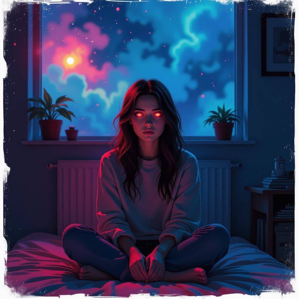 Surreal Girl Entranced in Dimly Lit Room