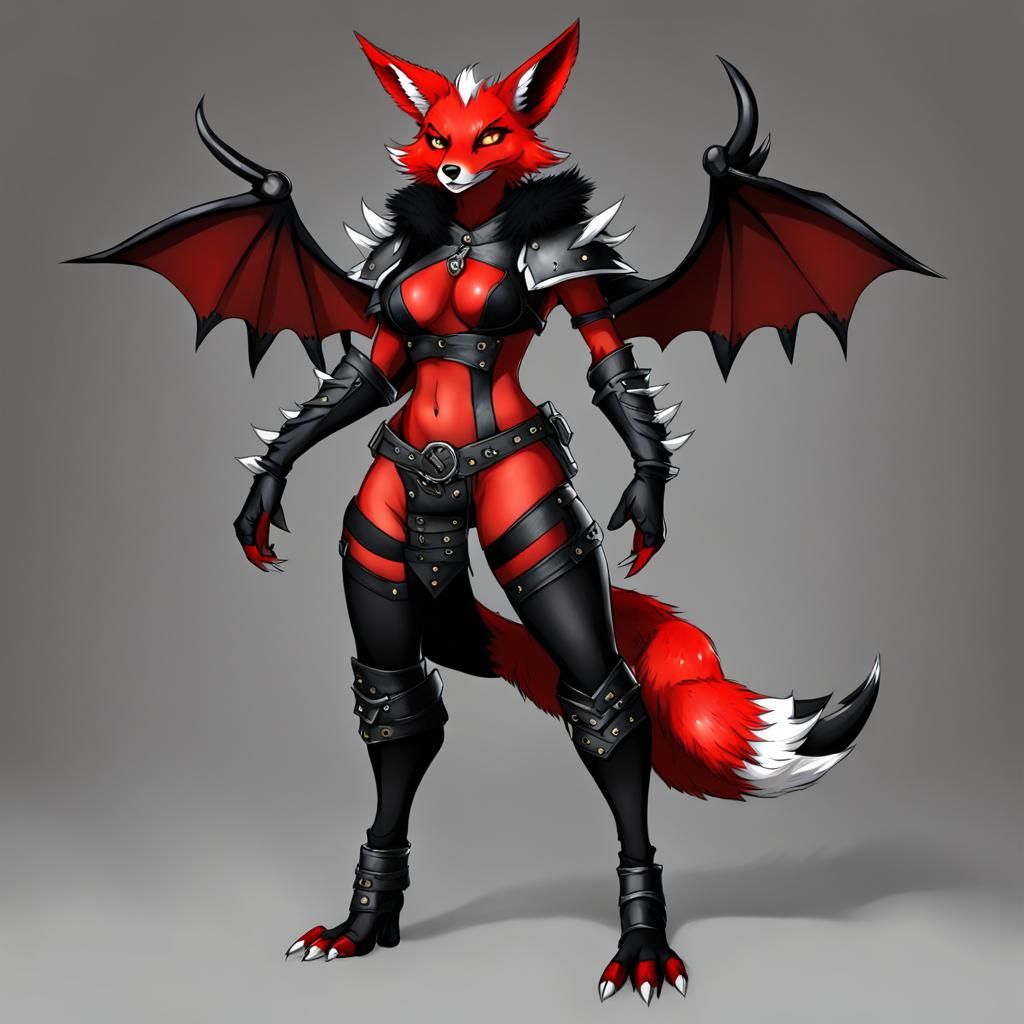 Red and Black Anthro Fox Demon with Wings