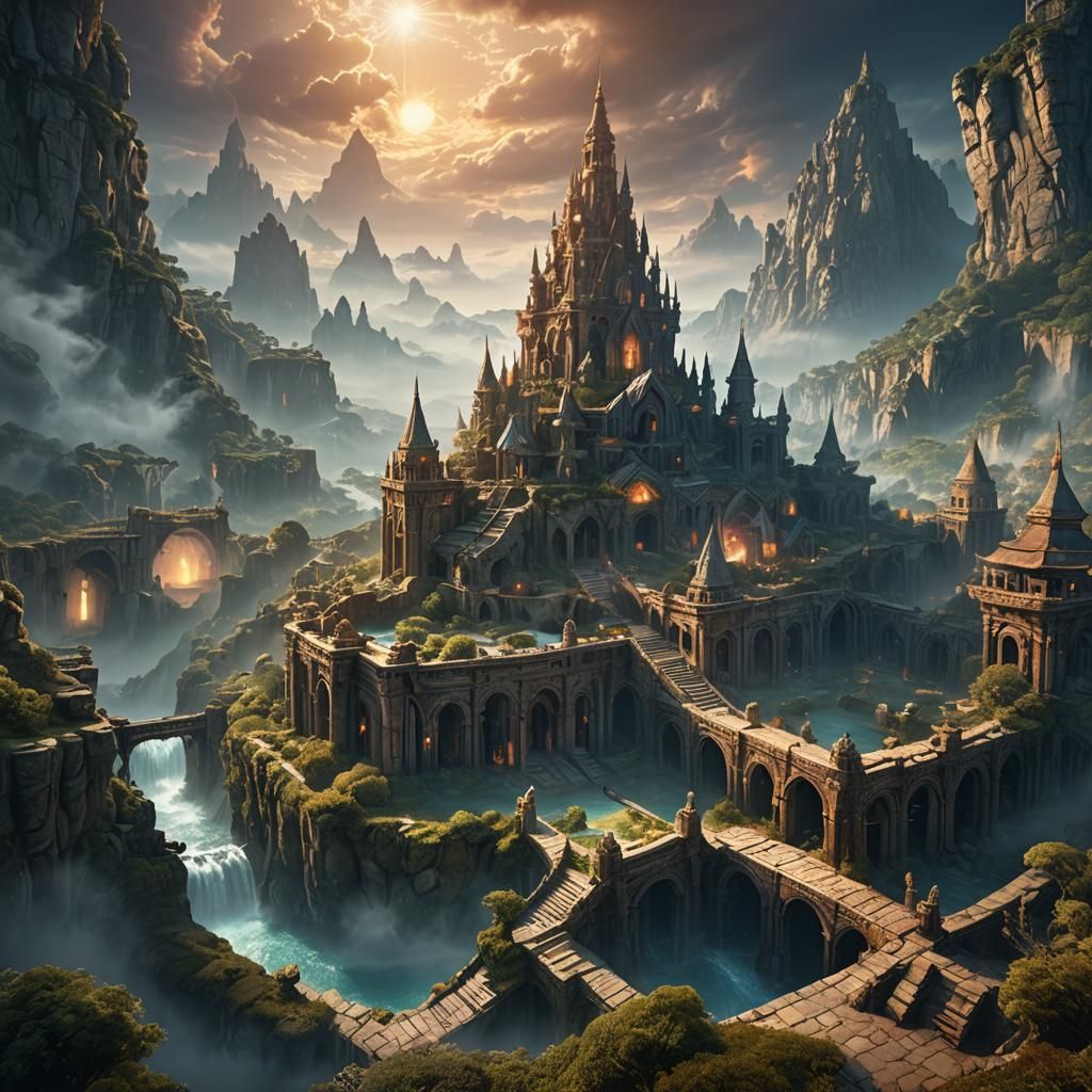 Mystical World with Ancient Structures in Fantasy Art