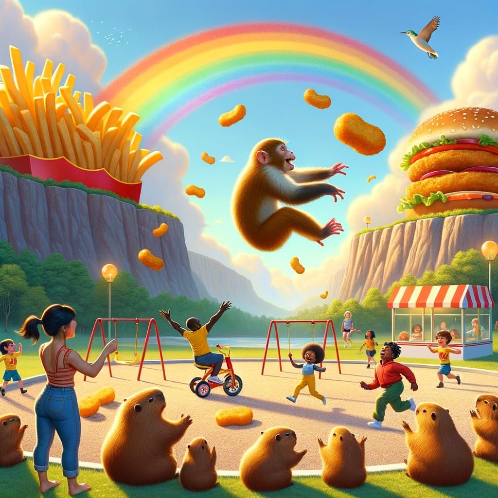 Monkey Backflips on Whimsical Playground with Nugget Rainbow
