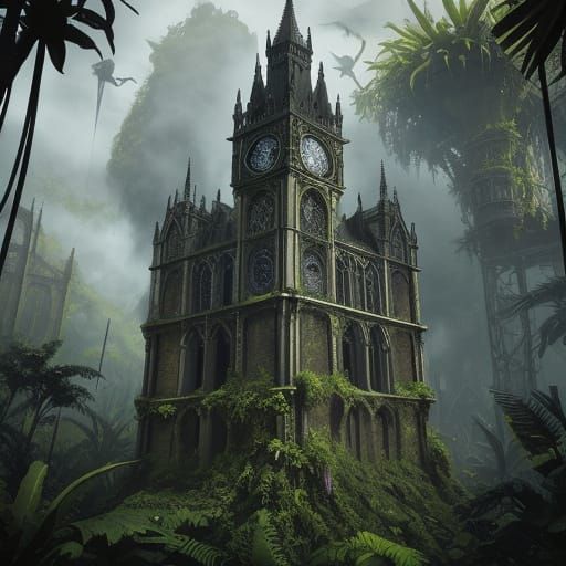 Gothic Clock Tower in Jungle: Detailed Matte Painting