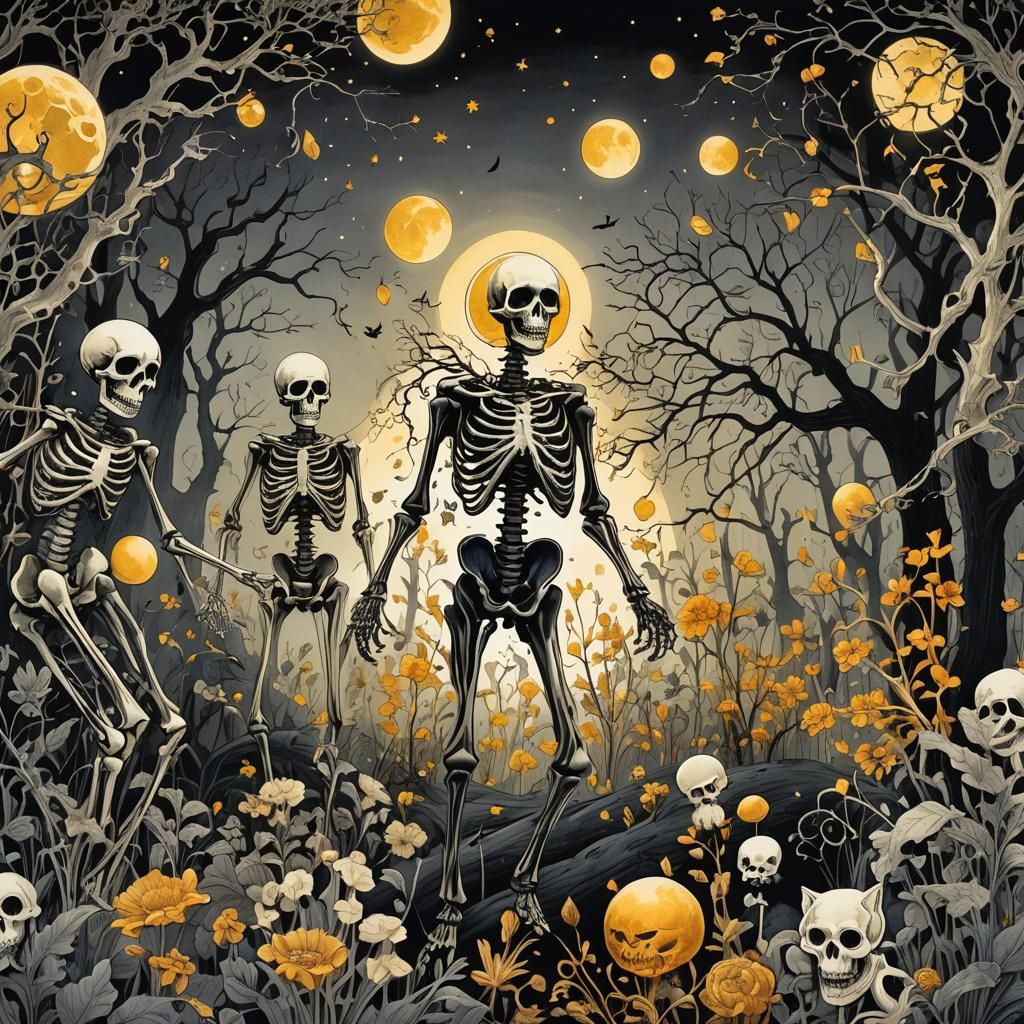 Whimsical Lithography: Dancing Ghosts Under Moonlight