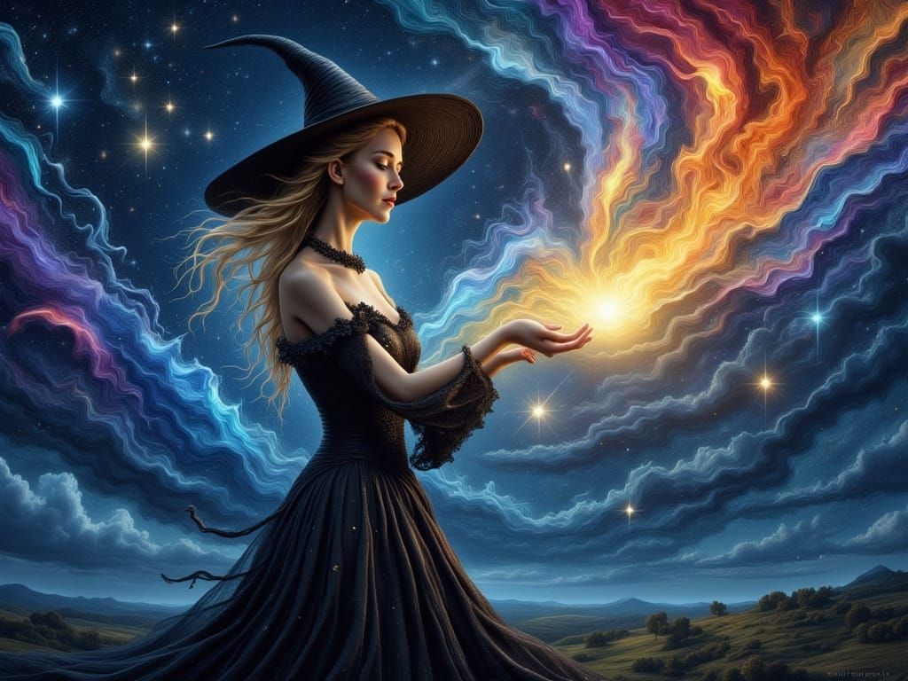 Witch Conjures Light Magic Painting in Night Sky