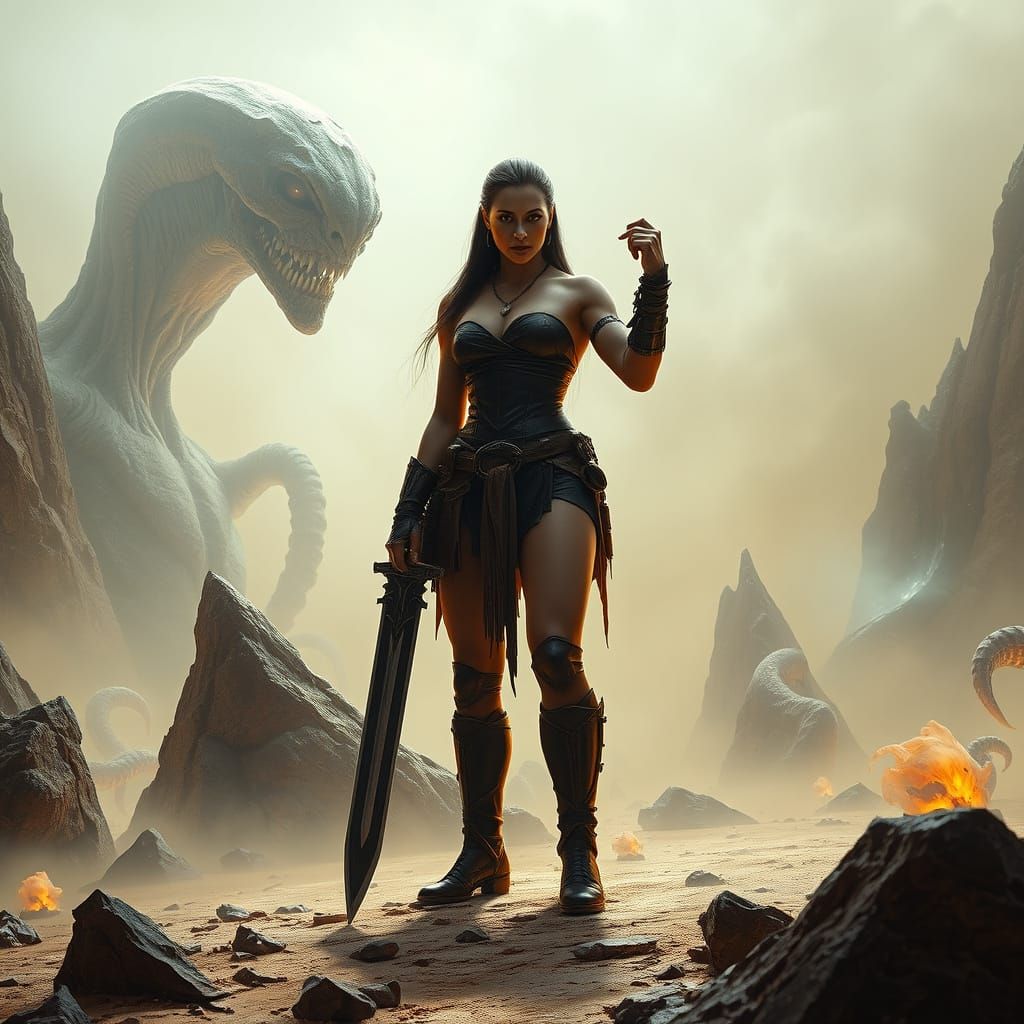 Fierce Barbarian Woman in Alien Desert, Dark Surrealism Styl...