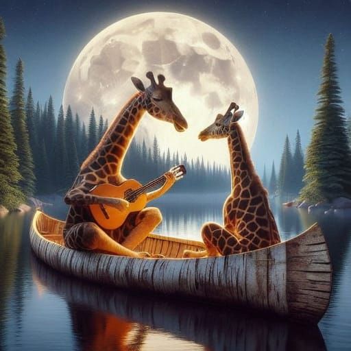 Young Giraffe Serenades Girlfriend in Moonlit Birch Bark Can...