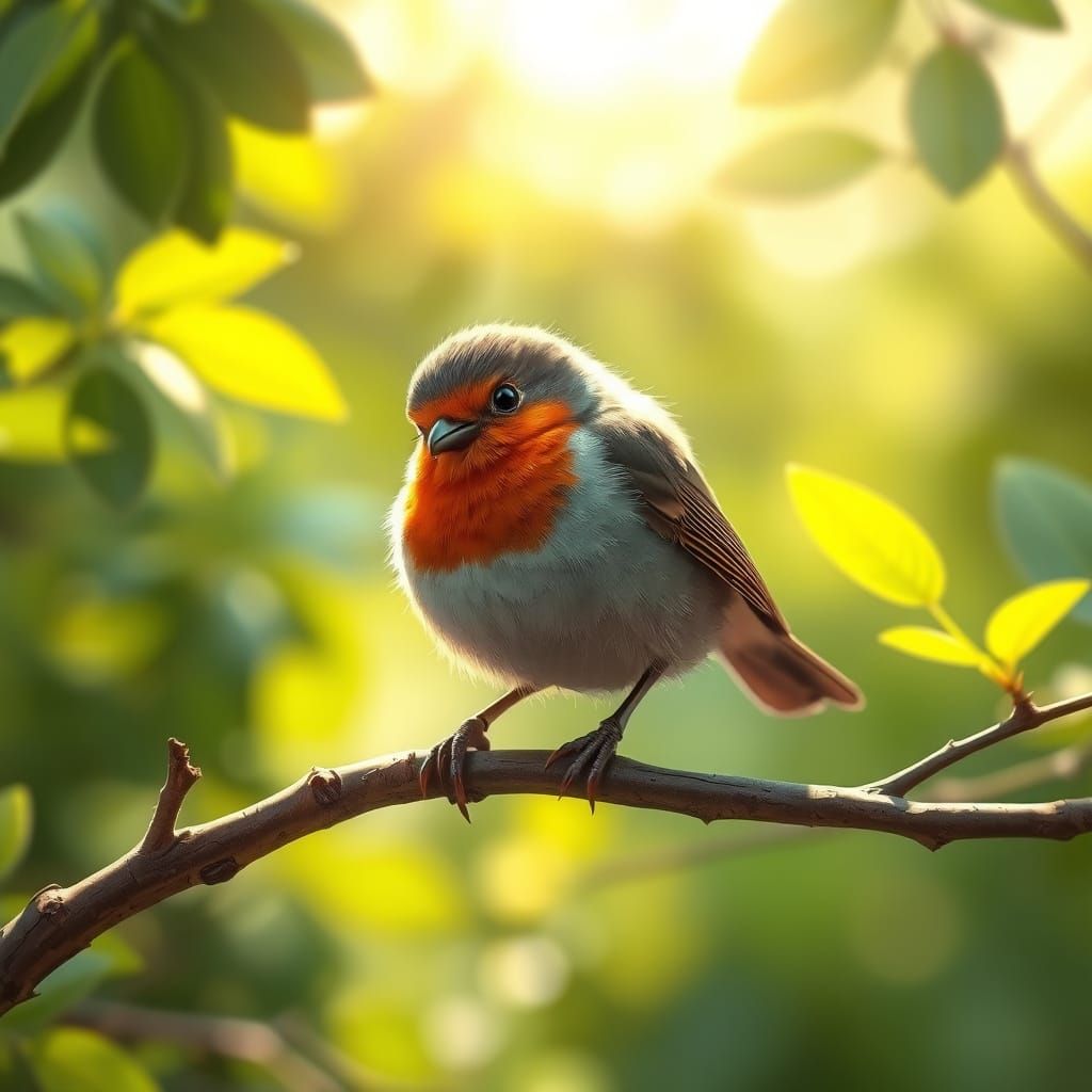 Fluffy Robin in Dappled Sunlight Digital Painting
